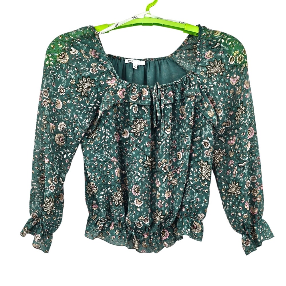 DR2 Womens Floral Blouse Ruffle Sleeve Bright Retro Print Top Size S